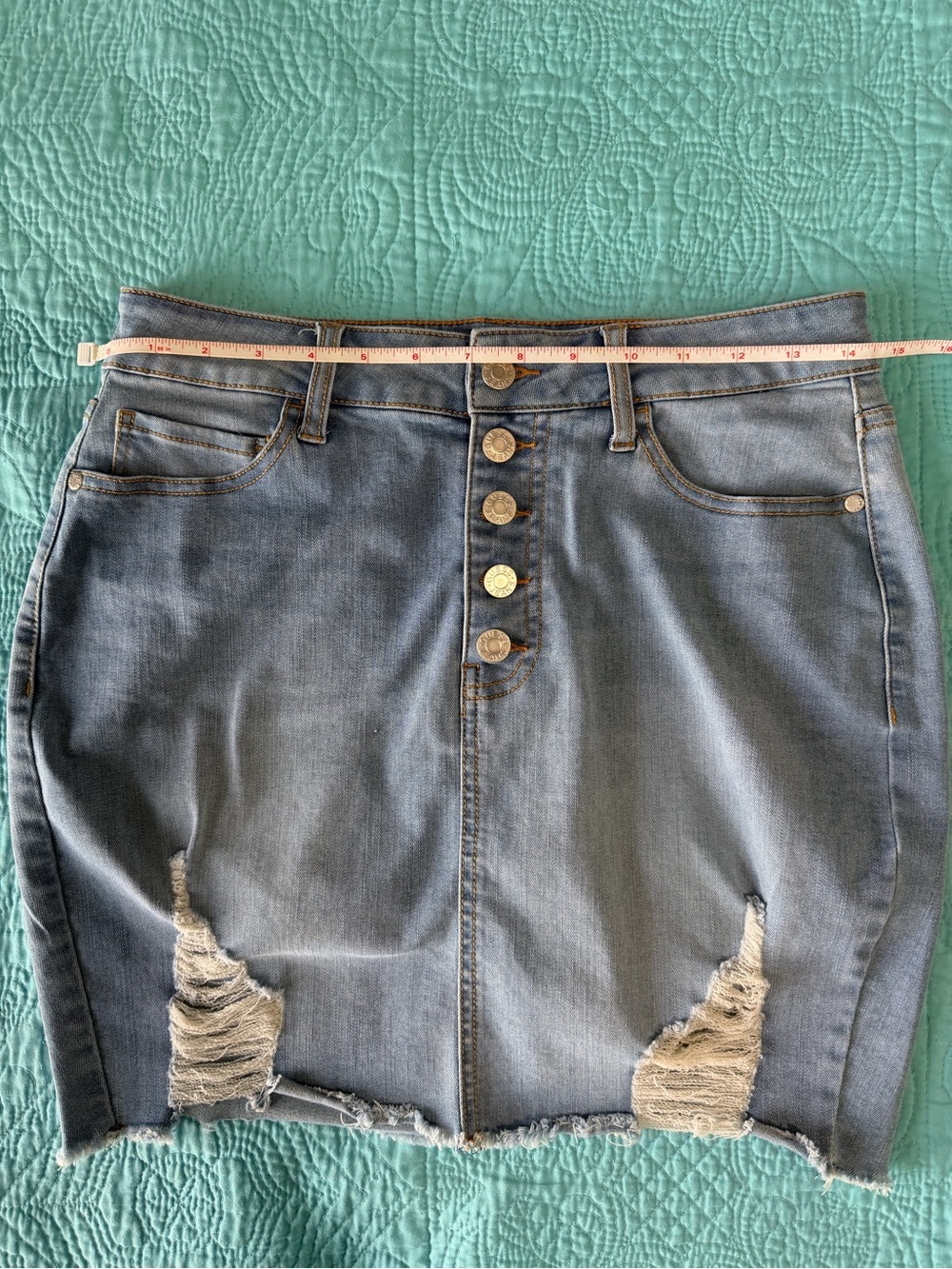 {GUESS} Light Blue Wash Distressed Denim Mini Skirt - Front High Waisted Buttons - Picture 8 of 14